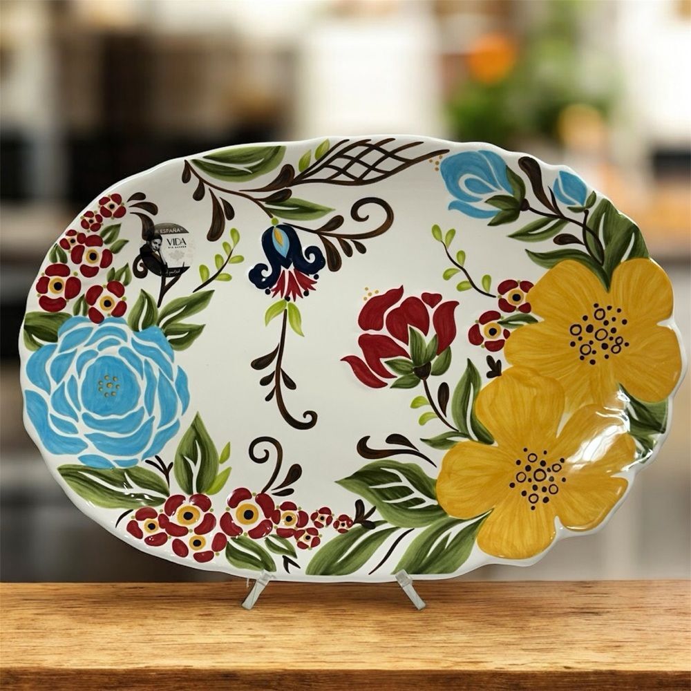 Vida By Eva Mendes Ceramic Multi Floral Handcrafted Oval Serving Platter Dinner